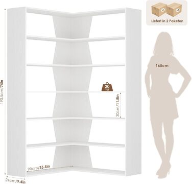 Кутова полиця FirFurd 190 см, книжкова шафа-ліжко, кутова книжкова шафа з 6 полицями, L-подібна кутова шафа, висока шафа, книжкова шафа, кутова вітрина для кабінету, вітальні, кухні, 90x90x190,5 см, білий