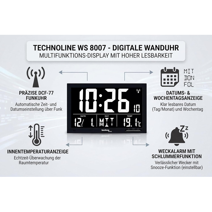 Радіокерований настінний годинник Technoline WS 8007 XXL з термометром Дата та день тижня Цифровий годинник DCF Будильник та функція відкладання Великий LCD-дисплей для офісу, кухні та вітальні