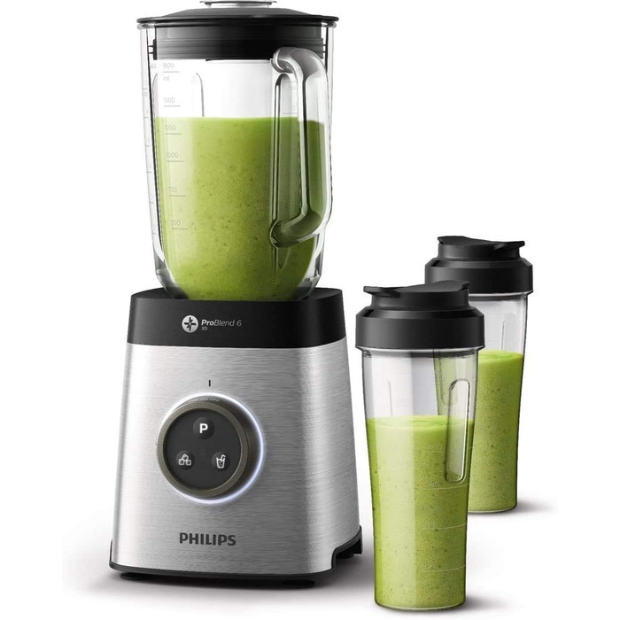 Міксер Philips HR3655/00 (1400 Вт, технологія ProBlend 6 3D, скляний контейнер 2 літри, 2 чашки для пиття, можна мити в посудомийній машині) нержавіюча сталь