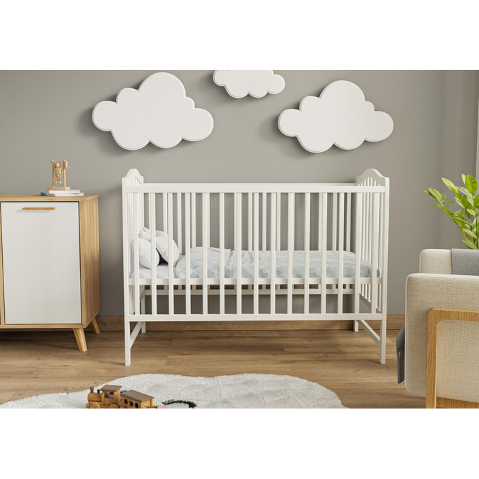 Дитяче ліжко ms factory Paris 120x60 см Дитяче ліжко з регульованою висотою з масиву дерева Ліжечко з безпечним лаком на водній основі Трансформоване дитяче ліжко зі знімними поручнями, біле