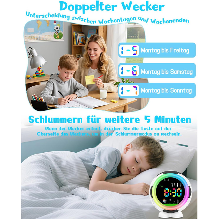 Дитячий будильник Juboos на батарейках, кварцовий будильник без цокання, з функцією повтору та нічним світлом, навчальний будильник для хлопчиків та дівчаток
