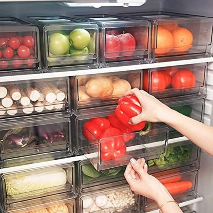 Органайзери для кухні YekouMax контейнери для зберігання продуктів, кошики для холодильника, штабельовані пластикові ящики з висувними шухлядами (набір з 2 шт., великий та середній розмір)