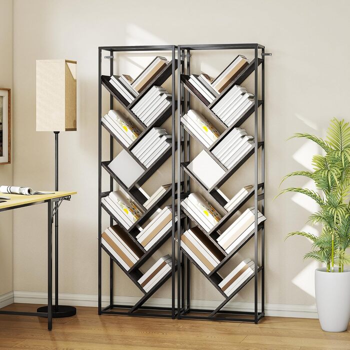 Книжкова полиця HOMCOM Tree, 10-ярусна підлогова книжкова шафа, висока промислова стелажна шафа для вітальні, домашнього офісу, спальні, сіро-чорна