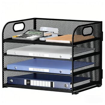 Металевий лоток для листів/документів А4, 4 відділення, лоток для паперу, що штабелюється, система подачі з сітчастою структурою та ручкою, чорний, компактний, 32,8 x 24,7 x 27,6 см, 4 відділення - чорний