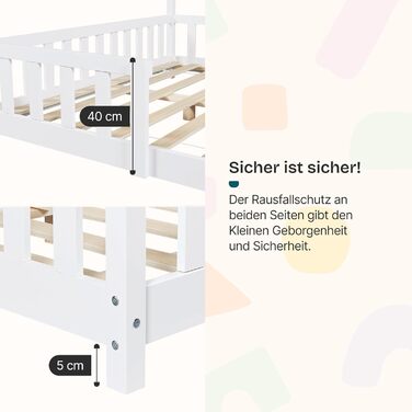 Ліжко Sisimiut Montessori House 80 x 160 см із захистом від падіння, дерев&39яне дитяче ліжко, підлогове ліжко, рейкова основа, сосна, матово-білий колір, 80 x 160 см, матрац не входить до комплекту