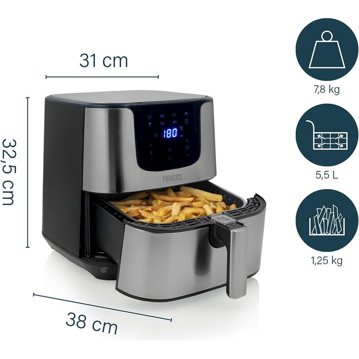 Фритюрниця Princess XXL на 5,5 літрів на 62,2 менше споживання енергії Цифрова фритюрниця Deluxe 8 програм Нержавіюча сталь Без масла Aerofryer 182060, Срібло ЗВИЧАЙНИЙ ДИЗАЙН 5,5 Л