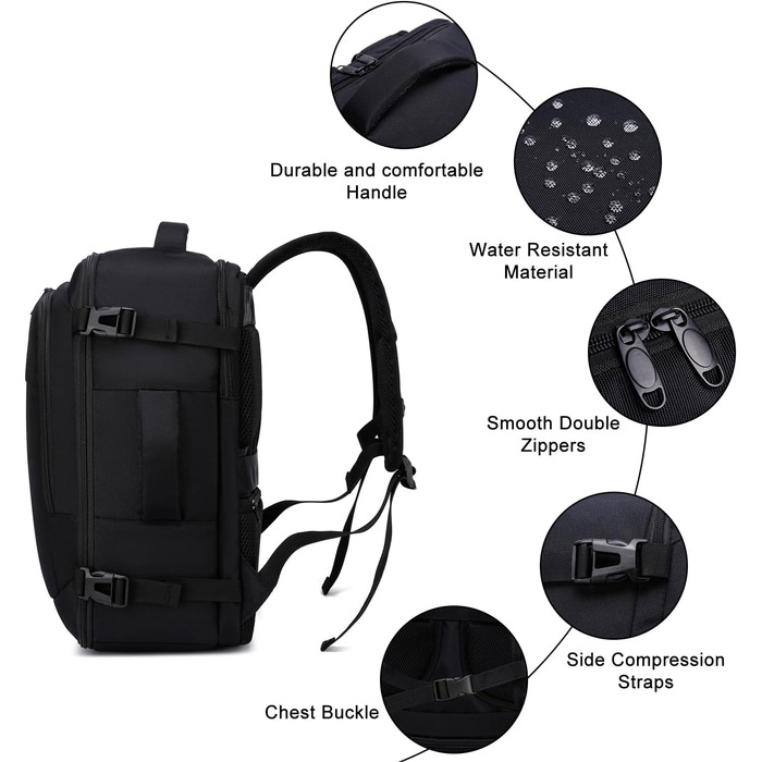 Рюкзак для ручної поклажі 40x30x20 см для Ryanair, 40x30x25 см для Eurowings, невеликий дорожній рюкзак об&39ємом 24 л, ручна поклажа, рюкзак для ноутбука для чоловіків та жінок, чорний. Black-b 40x30x20 см (24 л)