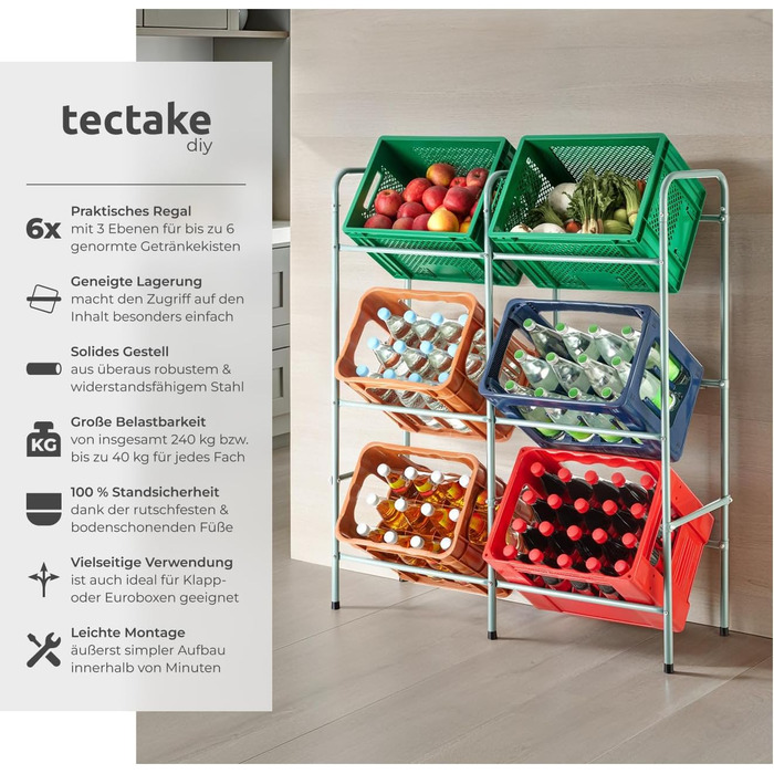 Стійка для ящиків для напоїв tectake, міцна окремостояча полиця, стійка для ящиків, полиця для коробок, стійка для ящиків для напоїв, для кухні, полиця для підвалу, полиця для зберігання, вантажопідйомність на ящик 40 кг (на 6 ящиків) 401728