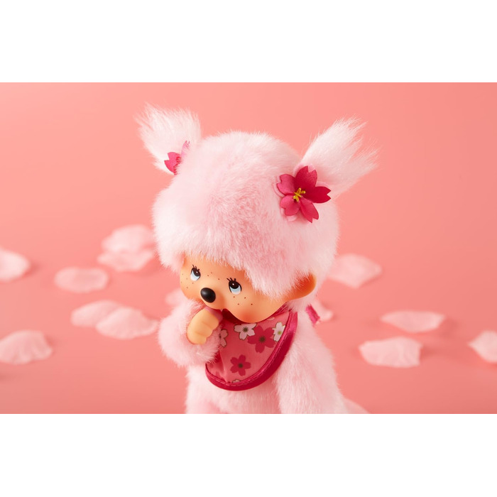 Оригінальна лялька Monchhichi Вишня в цвіту, плюшева фігурка з нагрудником та косичками з квітами, м'яка іграшка рожевого кольору, приблизно 20 см, 767020 -