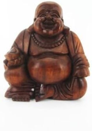 Різьблений коричневий масив дерева Балі HB, 12cm Happy Buddha Sitting Wood