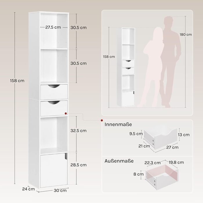 Книжкова полиця WOLTU, книжкова шафа, окремостояча полиця з шухлядами, полиця з дверцятами, офісна полиця, полиця для зберігання речей у вітальні/спальні, біла, 30 x 158 x 24 см, SK028ws