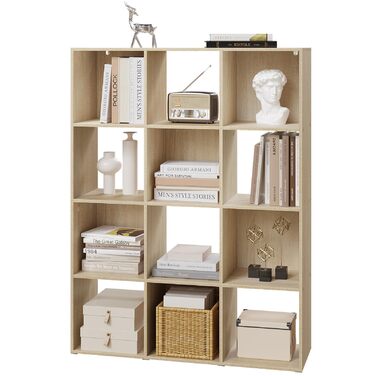 Книжкова полиця eSituro з 12 відділеннями, окремостояча кубічна полиця, відкрита полиця-перегородка для кімнати, сучасна стояча полиця, для вітальні, дитячої кімнати, офісу, спальні, 9120x29 см, світлий дуб