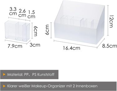 Органайзер для макіяжу SHIMOYAMA, 2 упаковки, пластикова коробка для зберігання косметики для туалетного столика Шафа для ванної кімнати, зберігання косметики з 2 рухомими внутрішніми футлярами, білий