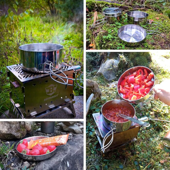 Набір посуду Bestargot Camping Pot 304 з нержавіючої сталі, набір кемпінгових каструль із 4 предметів (900 мл 600 мл), набір посуд