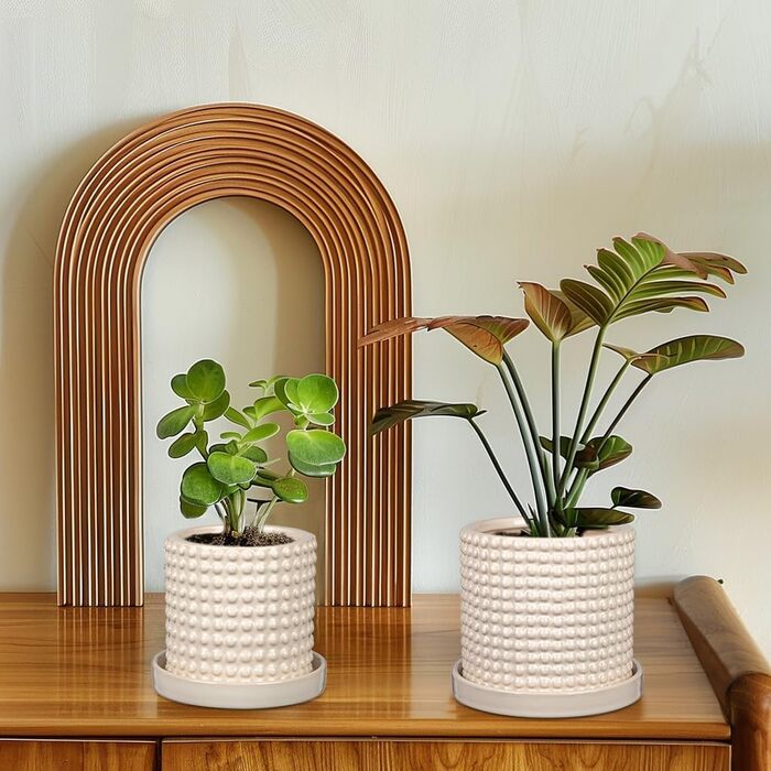 Набір із 2 керамічних квіткових горщиків, 15 см 11 см, з бульбашками та дренажними отворами, сині квіткові горщики з перловим дизайном, декоративні кімнатні квіткові горщики, підходять для кактусів та ампельних рослин, білий-2