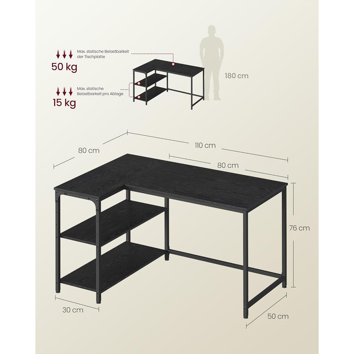 Г-подібний кутовий стіл, комп&39ютерний стіл з місцем для зберігання, офісний стіл, полиця з регульованою висотою, для домашнього офісу, 110 x 80 см, чорний колір ебенового дерева LWD135BE01 Чорний колір ебенового дерева 110 x 80 см Без подовжувача