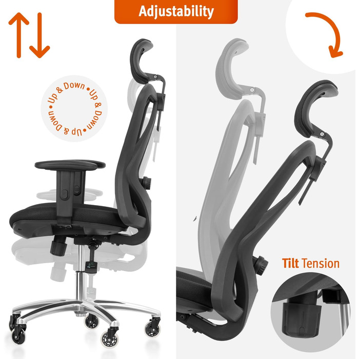 Ергономічне офісне крісло, регульоване робоче крісло з поперековою опорою та роликовими коліщатками, висока спинка, дихаюча сітчаста тканина, товста подушка сидіння, підголівник та підлокітники, чорний колір