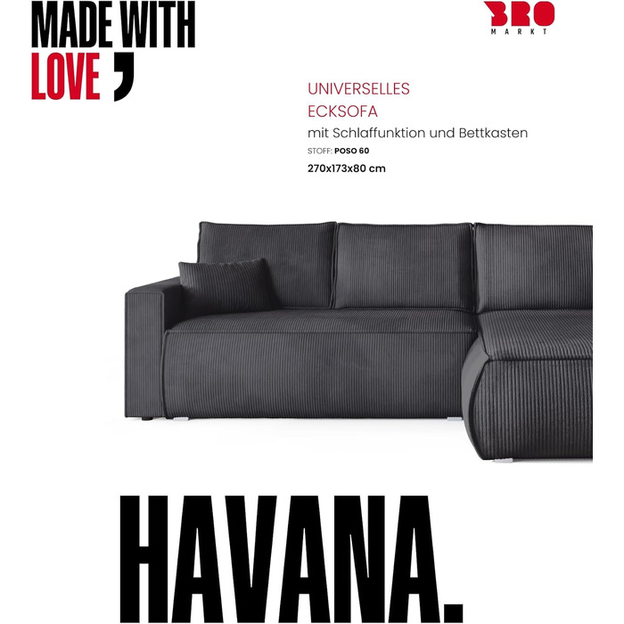 Диван з функцією сну, диван L, засіб для чищення оббивки, диван-ліжко з місцем для зберігання, розкладний диван для вітальні, окремостоячий диван, диван Havana Relax, 3-місний, 270x173x80 см, сірий