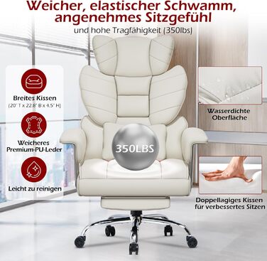 Ергономічне офісне крісло з висувною підставкою для ніг, регульоване по висоті робоче крісло, велика м&39яка спинка, індивідуальна поперекова підтримка, крісло керівника зі штучної шкіри, білий колір з підставкою для ніг