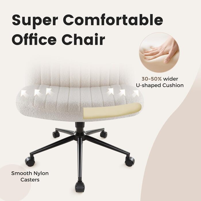 Офісне крісло IWMH без підлокітників, регульоване по висоті поворотне крісло з колесами, письмове крісло з оббивкою з тканини Teddy, крісло для читання з ширшою подушкою для сидіння зі схрещеними ногами (біле з колесами) Teddy White з колесами