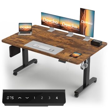 Стіл Devoko з регульованою висотою та 2 двигунами, цільна стільниця 25 мм, 160x80 см, мобільний електричний комп&39ютерний стіл з організацією кабелів, вінтажний коричневий - ідеальна ергономіка для вашого офісу, вінтажний коричневий чорний, 157x77 см
