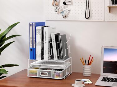 Металевий офісний органайзер EasyPAG A4 з 6 відділеннями, тримач для документів, лоток для файлів, тримач для журналів, лоток для листів, органайзер для паперових журналів з шухлядою для канцелярського приладдя, білий