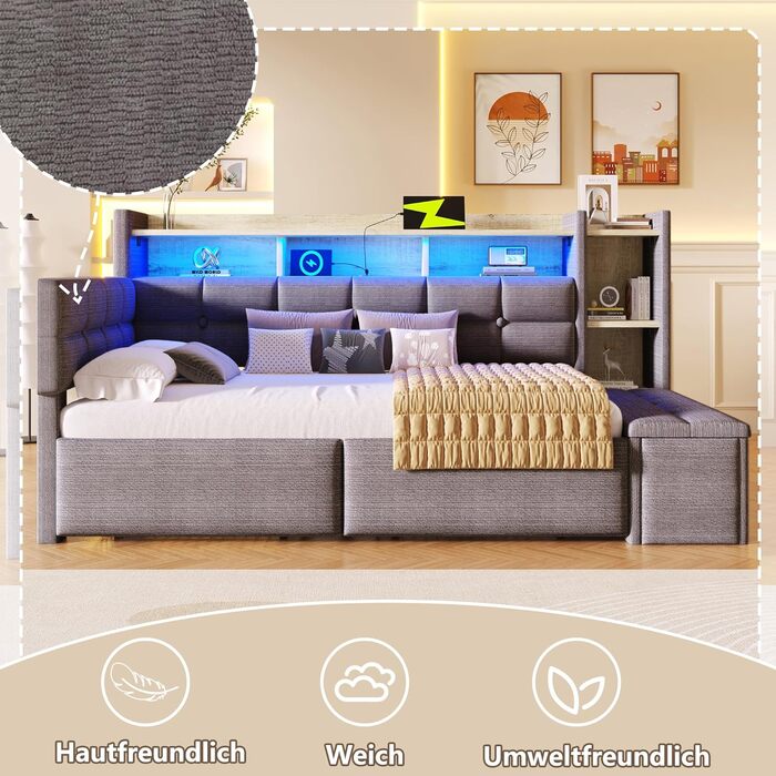 Кушетка, диван-ліжко, 90190 см, з двома шухлядами, портами USB та Type-C, відділенням для зберігання речей, лавкою для зберігання речей у нижньому кінці, світлодіодною стрічкою, без матраца, оксамит (темно-сірий)