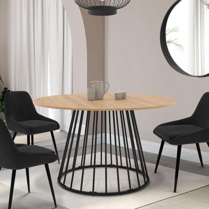 Круглий розкладний обідній стіл для 4-8 осіб, дерев&39яна стільниця та чорні металеві дротяні ніжки, 110-150 см