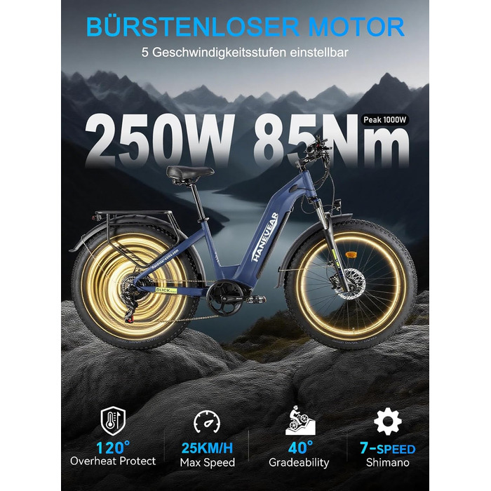 Електричний велосипед HANEVEAR для дорослих, змінний акумулятор 21Ah 48V, фетбайк 250W 85Nm, максимальний запас ходу 120 км, подвійні масляні гальма, гірський електровелосипед 26x4.0&39&39 для бездоріжжя