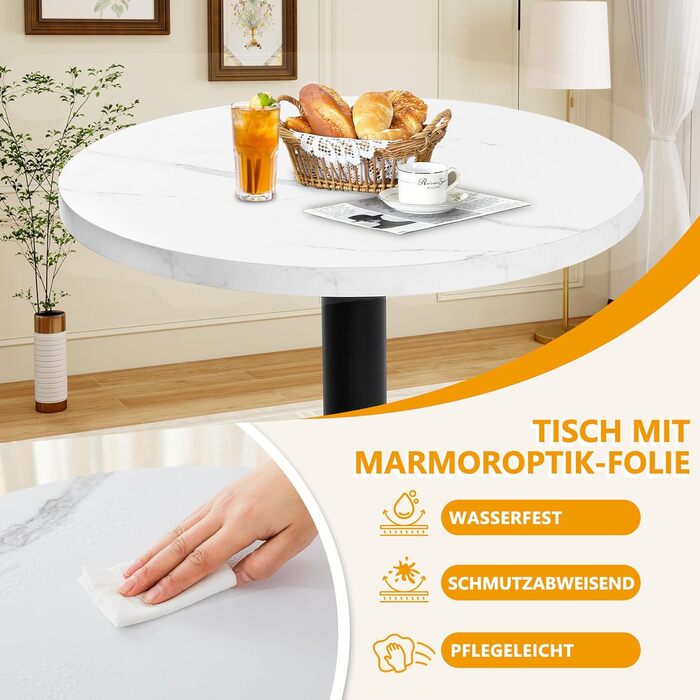 Круглий обідній стіл Mingone 80 см, кухонний стіл білого кольору з мармуровим ефектом - стільниця з МДФ та металевий каркас - для кухні, їдальні, балкону, вітальні. Круглий обідній стіл 80 см білого кольору.