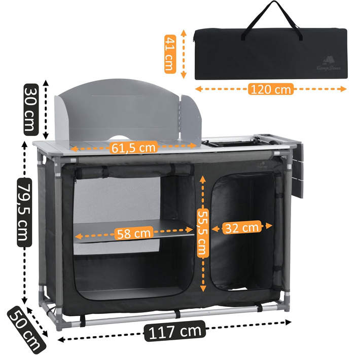 Кемпінгова шафа CampFeuer Кемпінгова кухня з алюмінієвою рамою Бризкозахисний екран та раковина 117 см x 50 см x 109,5 см Кемпінгова полиця, Складана кемпінгова шафа, Кемпінгова кухня, Кемпінгові меблі