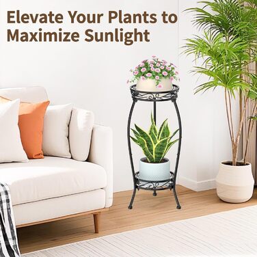 Дворівнева підставка для рослин чорного кольору для використання в приміщенні та на вулиці, для великих, високих квіткових горщиків на терасі, міцна вертикальна металева полиця для вузьких кутів підлоги, стабільний тримач-органайзер, чорний відтінок