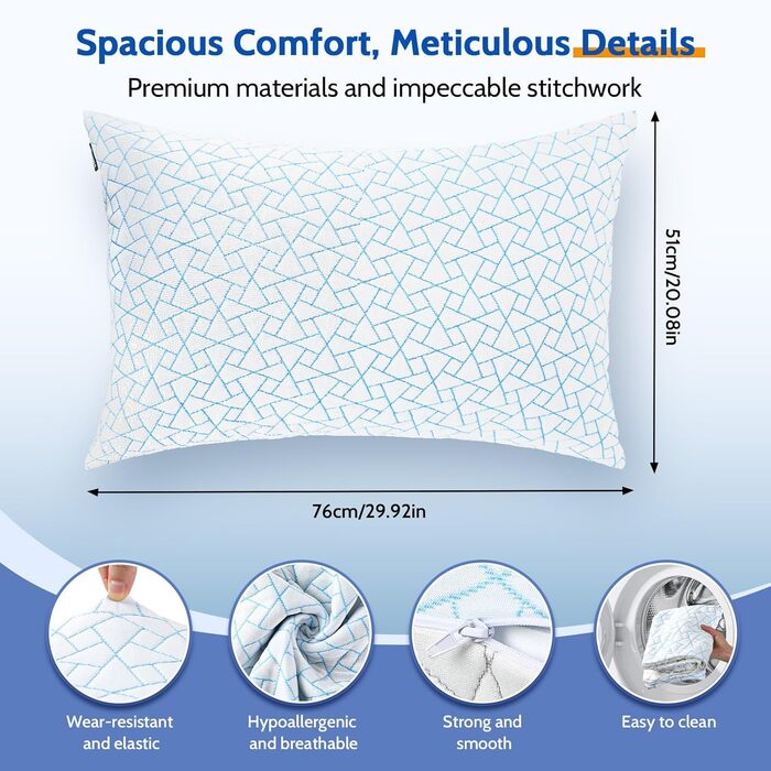 Подушка JINXIA з регульованою висотою 76 x 51 см (комплект з 2 шт.), гіпоалергенна велика подушка для сну з наповнювачем з мікрофібри, дихаюча подушка з подрібненого пінополіуретану з ефектом пам&39яті для всіх сплячих