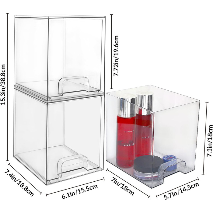Штабелюваний органайзер для косметики та зберігання, прозорі акрилові шухляди для косметики з ручками для туалетного столика, під стільницею, кухонних шаф, комори, організації дому та зберігання, 2 шт.