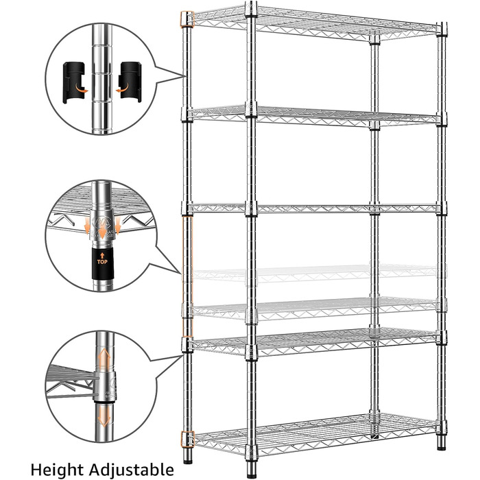 Міцний сталевий стелаж з 5 ярусами, дротяна полиця-органайзер для дому, кухні, офісу, максимальне навантаження 567,5 кг, хромоване покриття, 35 x 60 x 158,7 см.