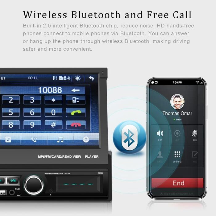 Автомагнітола Bluetooth з екраном, 7-дюймовий автоматично висувний відкидний дисплей Автомагнітола з Bluetooth/AUX/USB/TF/Mirror Link P1 1 Din Автомагнітола, 1 Din