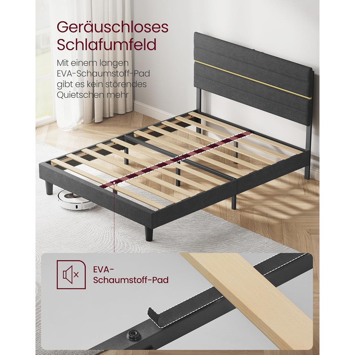 М&39яке ліжко, каркас двоспального ліжка, каркас ліжка, підходить для матраца 140 x 200 см, регульоване м&39яке узголів&39я, каркас ліжка, метал, масив дерева, сучасний, сланцево-сірий RMB504G01 140 x 200 см Сланцево-сірий