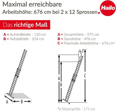 Алюмінієва висувна драбина Hailo S80 ProfiStep duo, 2 x 12 сходинок з навантаженням до 150 кг, система замикання із захистом від підйому, регульовані по висоті сходинки за сходинками, алюмінієва драбина виробництва Німеччини, нержавіюча срібляста срібляст