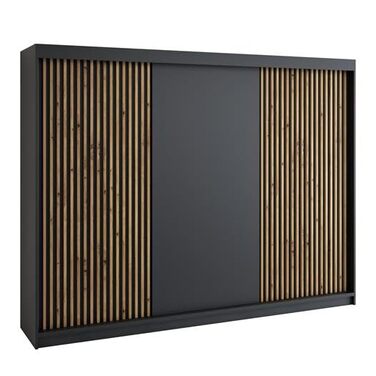 Шафа-купе з розсувними дверима, 3-дверна з 4 шухлядами та 3D ламелями, 200 см (Чорний/Чорний/Чорний/Чорний)