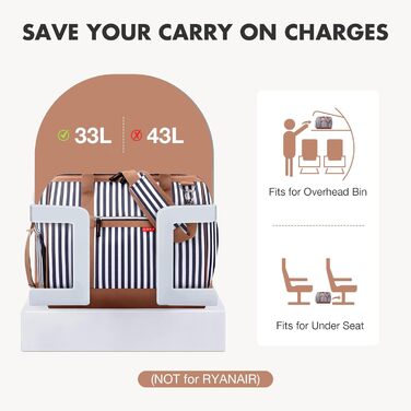 Жіноча дорожня сумка Lekesky, середня сумка для вихідних з відділенням для взуття, дизайн з широким отвором, лікарняна сумка об&39ємом 43 л для пологів, подорожей, авіаперельотів, роботи, пляжу або відпочинку (синя смужка) 43 л синя смужка