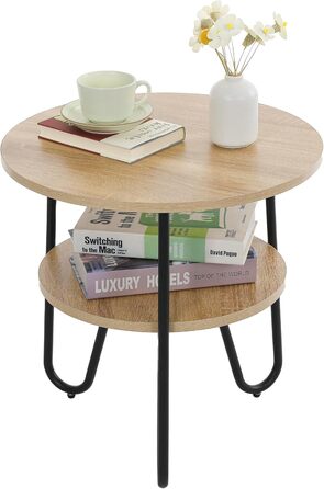 Круглий журнальний столик Mingone, бічний столик з 2 полицями, сучасний диванний столик з місцем для зберігання, маленький столик для вітальні, спальні, балкону, кольору дерева