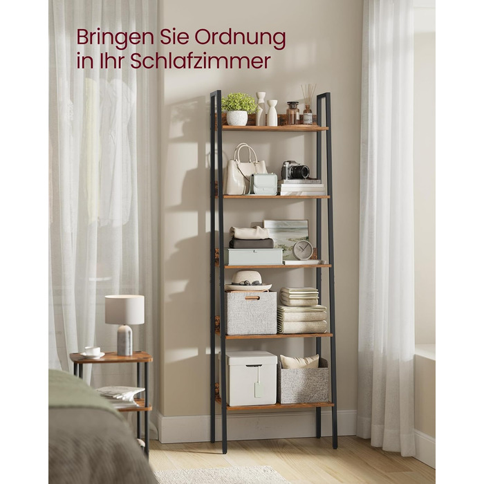 Книжкова полиця VASAGLE, полиця-драбина, 5 ярусів, вузька полиця, відкрита окремостояча полиця для кабінету, вітальні, спальні, кухні, промисловий дизайн, вінтажний коричнево-чорний LLS067B01 Вінтажний коричневий чорний 5 полиць (60Ш x 170В см)
