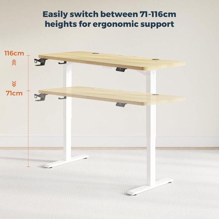 Електричний підйомний стіл з регульованою висотою та стільницею, стіл для роботи стоячи, підйомний комп&39ютерний стіл з гачками, блокування від дітей, функція пам&39яті для офісу та дому - клен 140 x 60 см Білий клен, 1 140x60