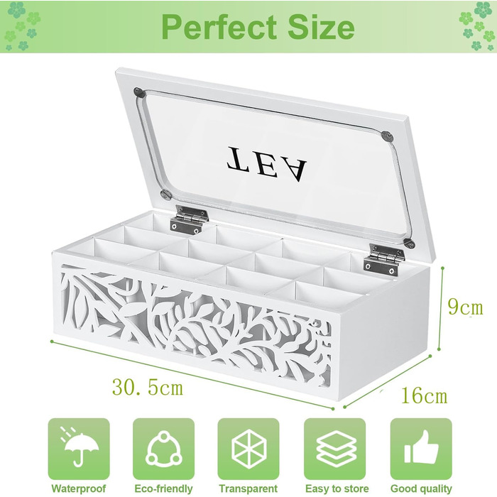 Чайна коробка, коробка для чайних пакетиків, перфорована дерев&39яна коробка для зберігання чаю з 12 відділеннями, контейнер для зберігання зі скляною стінкою та кришкою (білий) - чайна скринька для чайних пакетиків, цукру, кавових капсул