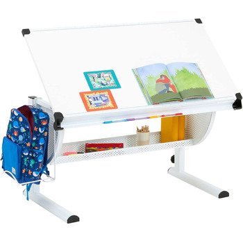 Дитяча парта CARO-Mbel Sari регульована по висоті в кольорі білий/білий, дитяча парта нахилена з пазом для ручок, шкільна парта з