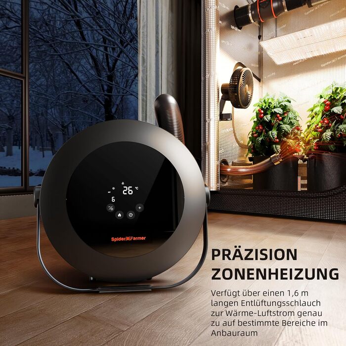 Тепловентилятор Spider Farmer, обігрів 540 Вт, інтелектуальне керування температурою, енергозбереження, тихий, 4 режими та 24-годинний таймер, нагрівальний елемент 10 PTC та вентиляційна трубка, підходить для кімнат з рослинами та гроутентів