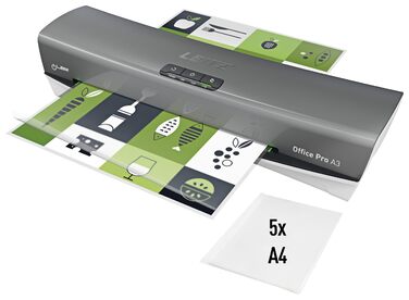 Ламінатор Leitz iLAM Office Pro A3, надшвидкий розігрів 1 хвилина, для плівок 75-175 мікрон, світлодіоди доступності та світлодіодний індикатор стану, функція захисту від застрягання, автоматичне вимкнення, стартовий комплект для роботи з плівками, сірий/