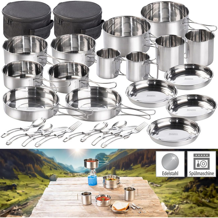 Кемпінгова сковорода Semptec Urban Survival Technology набір посуду для кемпінгу з нержавіючої сталі з 24 предметів, столовими приборами та сумкою (набір каструль, набір сковорідок)