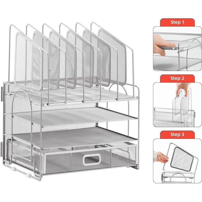 Органайзер для столу Marbrasse, 4-ярусний лоток для паперу та листів з висувними ящиками, 5 вертикальних лотків для документів та 2 тримачі для ручок, сітчастий настільний органайзер для зберігання домашнього та офісного приладдя (сріблястий)
