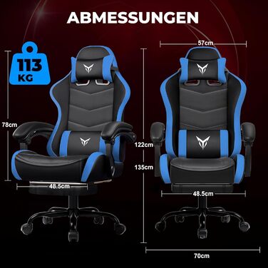 Ігрове крісло GTPLAYER, ергономічне офісне крісло з підставкою для ніг, регульованим підголівником та поперековою опорою, ігрове крісло, синє